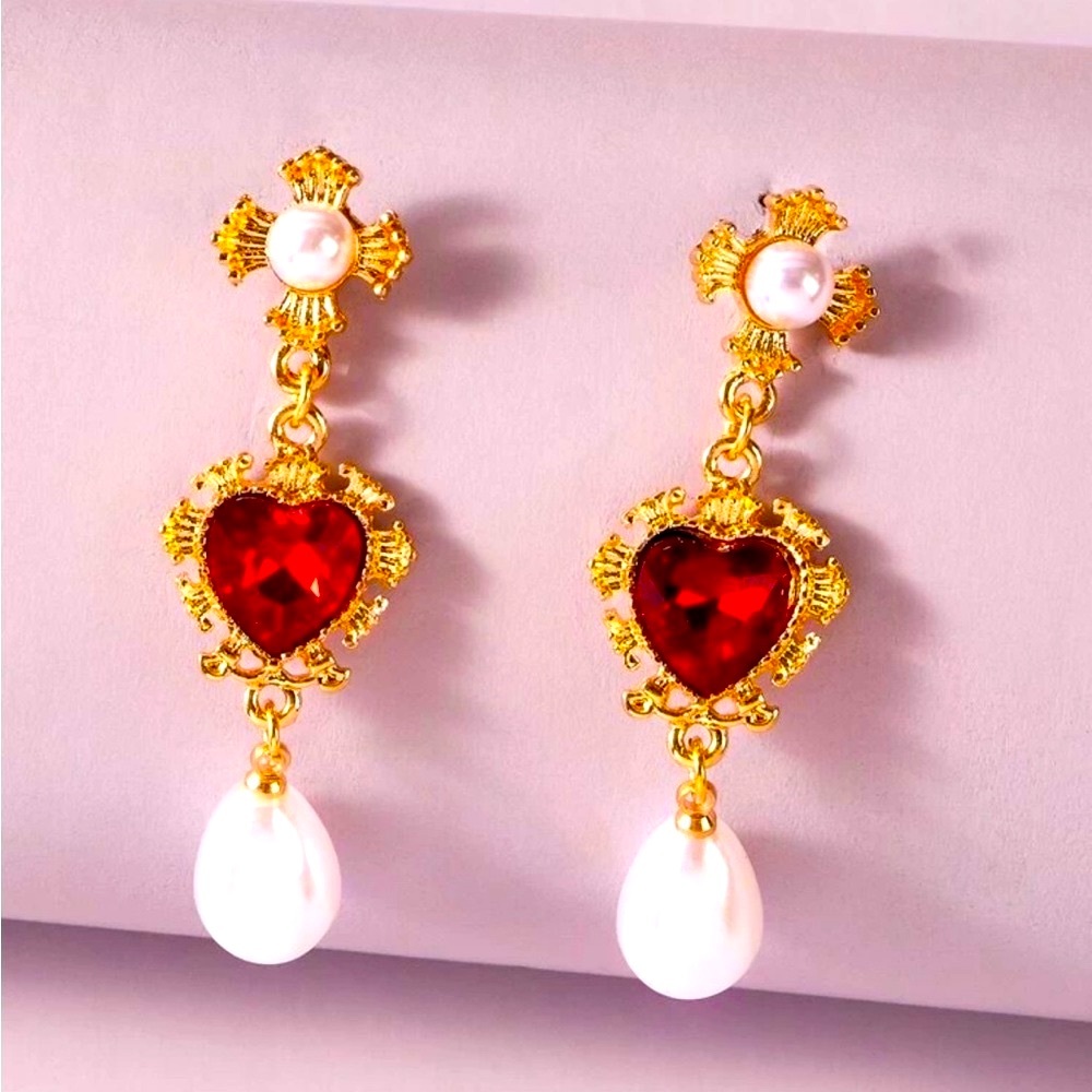 Elegant Gold and Red Heart Drop Earrings